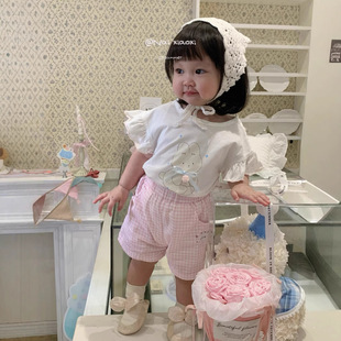 Nai Xiaoxi Baby Children's Wear Girls' Summer Wear Baby Girl Plaid Short Cartoon T-Shirt Two-Piece suit 5687