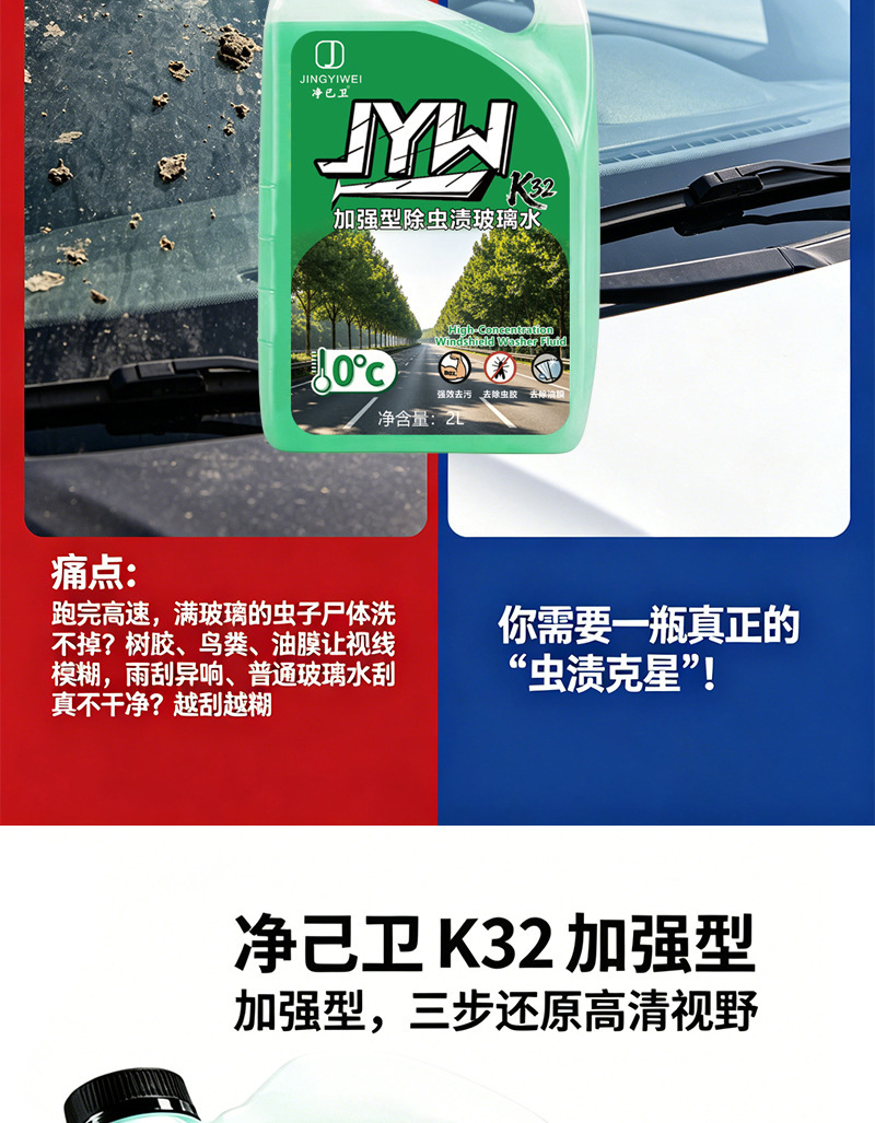 New 2L glass water for cars, powerful degreaser for removing oil film, wiper fluid for winter use, car wiper glass water for oil film removal
