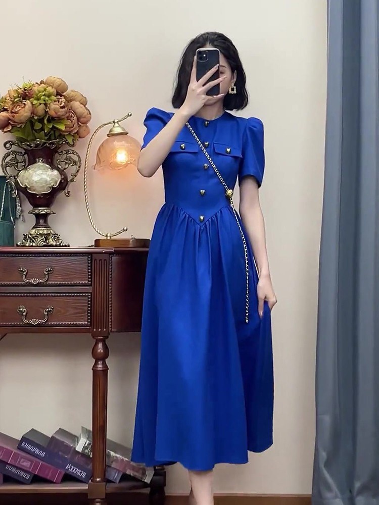 Đầm suông nữ midi Klein Blue phong cách retro khí chất — Màu xanh lam, Màu xanh lá chi tiết 5