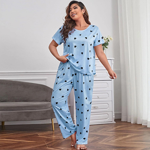 Elegant Oversized European and American Style Women's Sleepwear Loose Short-Sleeve Heart-Printed Long Pants Set Homecoming Pajamas