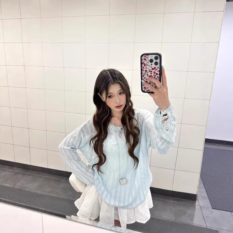 Blue Hollow-Out Knit Cardigan for Women, Summer 2026 New Design, Niche Chic Korean Style Long-Sleeve Top Blue Hollow-Out Knit Cardigan for Women, Summer 2026 New Design, Niche Chic Korean Style Long-Sleeve Top