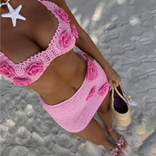 2025年亚马逊跨境欧美时尚新款性感镂空针织浮花比基尼短裙套装