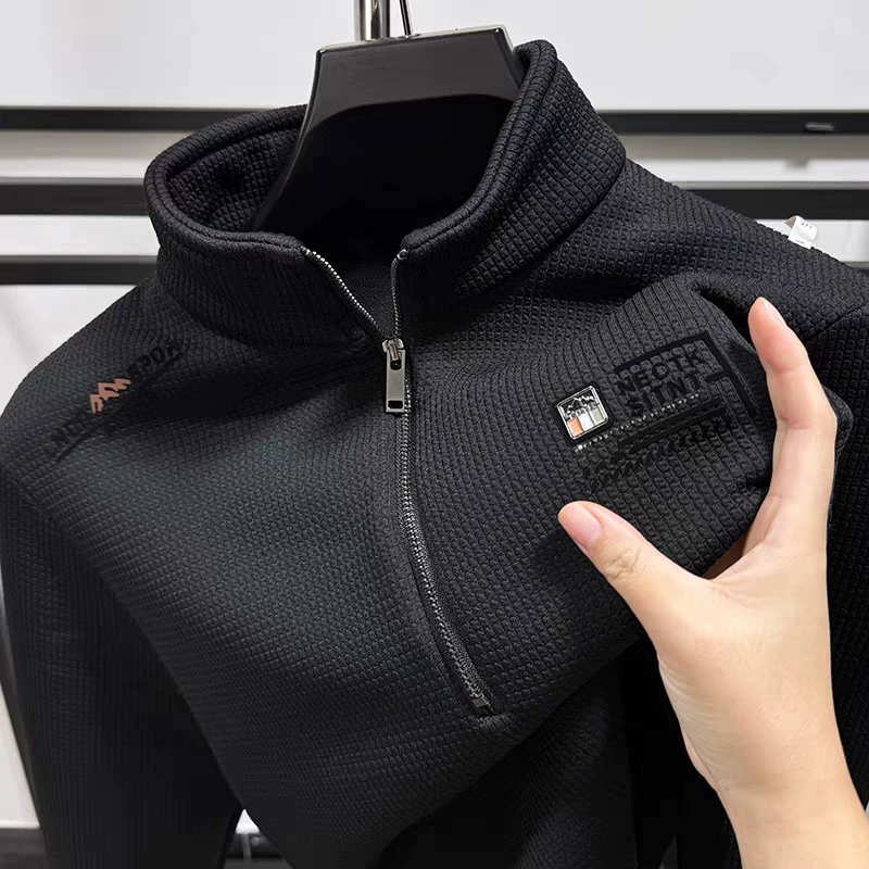 2025 новый полузастежка-молния воротник весенний осенний свитер мужской длинный рукав осенняя теплая рубашка с внутренним верхом
