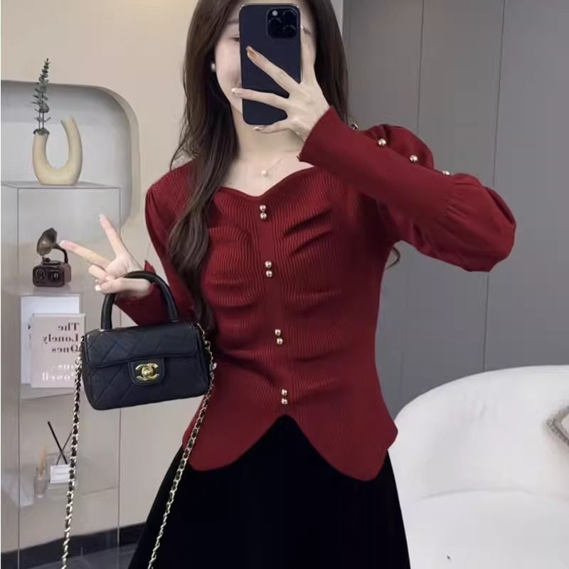方领褶皱毛衣打底衫女秋冬高级感别致漂亮洋气时尚内搭针织衫上衣|undefined
