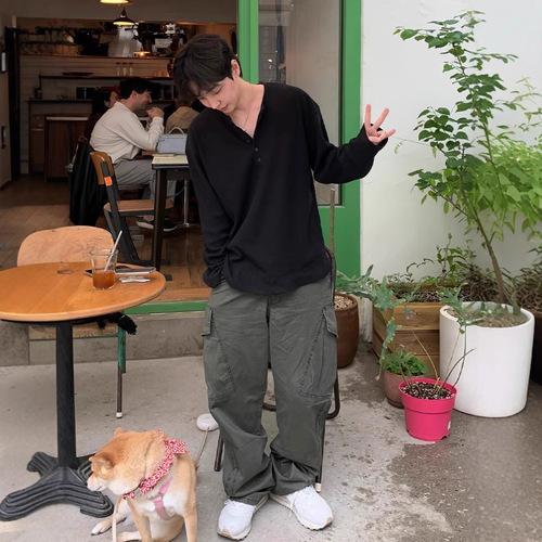 Men's High-End Honeycomb Henley Collared Striped Long-Sleeve T-Shirt Spring and Autumn Season Korean Style Casual Loose Solid Color T-Shirt