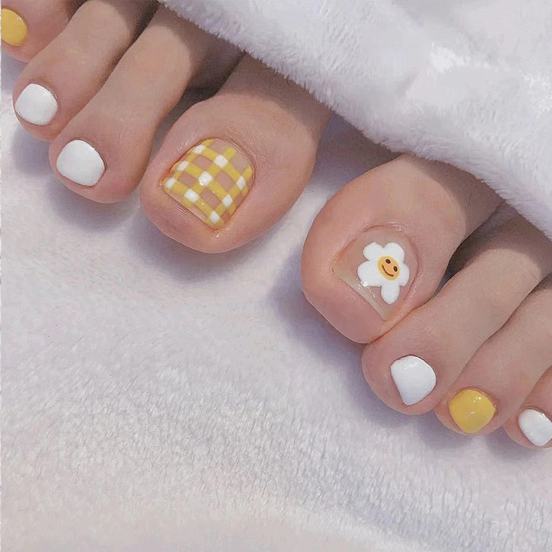 J96-Golden Summer Flower Wear Foot Manicure Plaid Toenail Small Fresh Cute Fake Foot Nail Patch