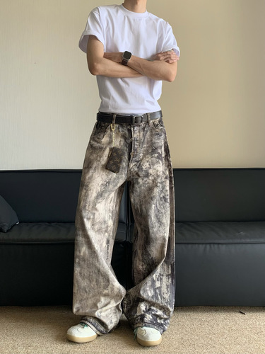 American-style 3D digital camo print denim pants for men, new for spring and summer, distressed low-rise wide-leg casual pants for women