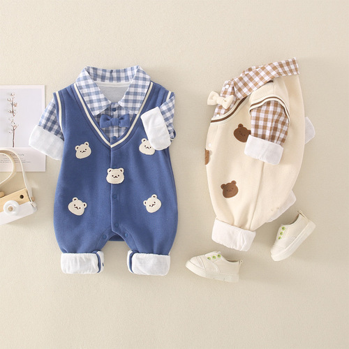 Baby clothes Spring clothes Newborn boy onesie Gentleman double-layer full moon 100th day birthday crawling suit