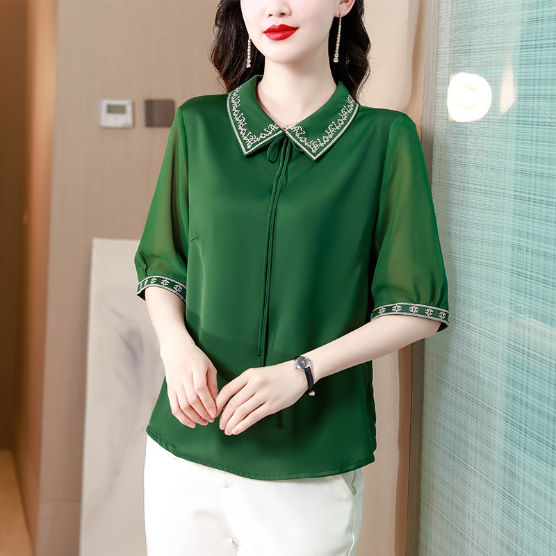 2023 Summer doll collar heavy craft embroidered high-end elegant satin silk shirt women's shirt top mom wear