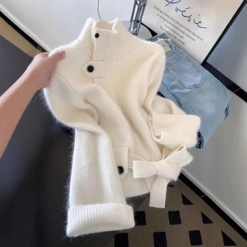 Gentle White High-Neck Lace-Up Waist Slim Sweater for Women Winter Warm Small Fragrance Slim Knitted Top Thick