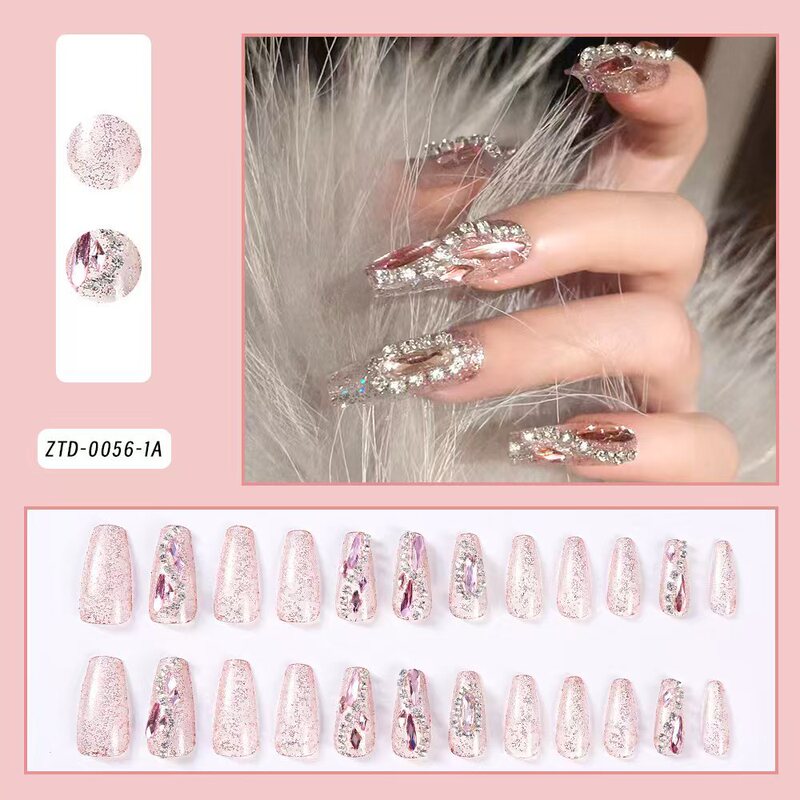 Pink high-grade flash T-piece finished nail art removable wearable nail piece wholesale Press-onNails