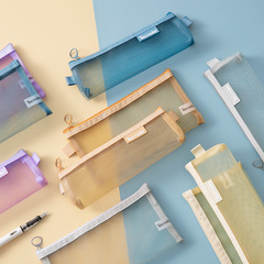 Mochi Solid Color Transparent Mesh Pen Bag Student Use Large Capacity Stationery Box Simple Pencil Case School Supplies Bag