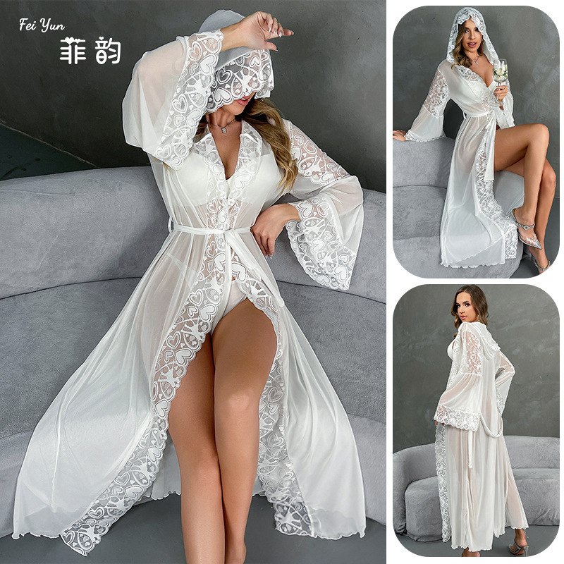 European and American Cross-border New Sexy Mesh Hooded Bathrobe Underwear Lace Lace Robe Belt Home 830