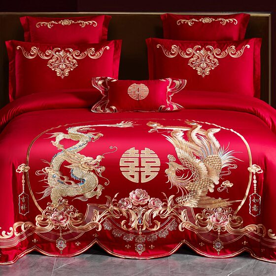 High-end Light Luxury Embroidery Wedding Four-piece Set Red Wedding Accompanying Bedding Longfeng Chinese Style Quilt Cover