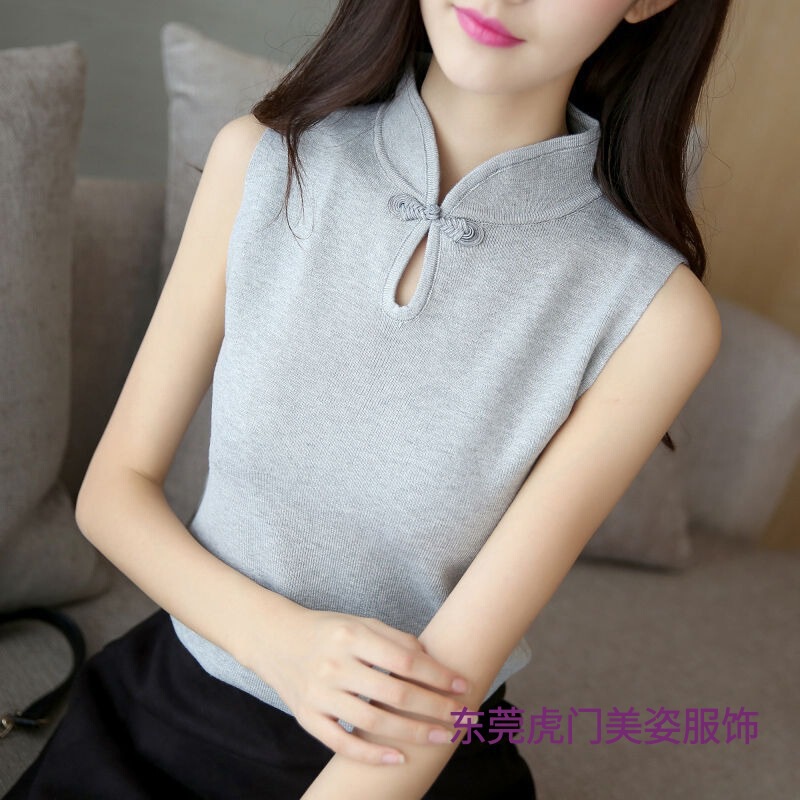 In-Stock Fashionable Elegant Cheongsam Slim Sleeveless T-Shirt Women's Knitted Vest Outerwear Stand Collar Inner Top Ins In-Stock Fashionable Elegant Cheongsam Slim Sleeveless T-Shirt Women's Knitted Vest Outerwear Stand Collar Inner Top Ins