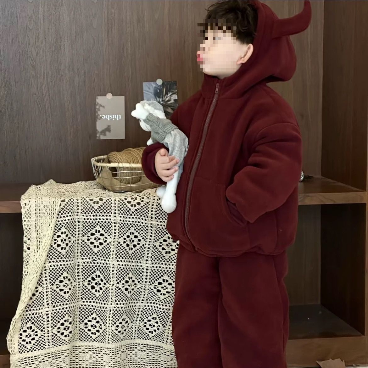 儿童冬款小恶魔连帽可外穿保暖四层加绒加厚儿童睡衣棉服两件套潮