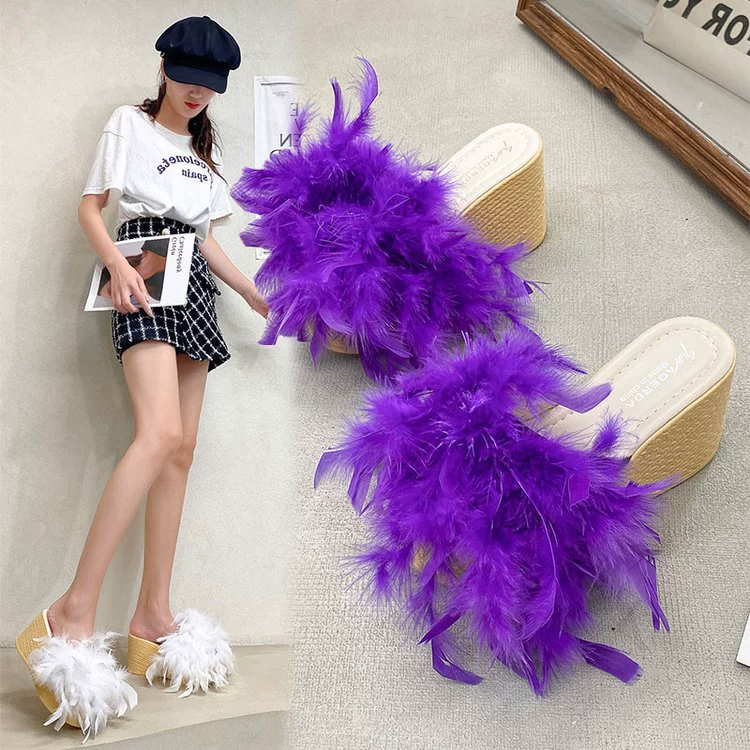 Летние новые корейские женские сандалии на толстой платформе с меховой отделкой, водонепроницаемые, на танкетке, оптом.