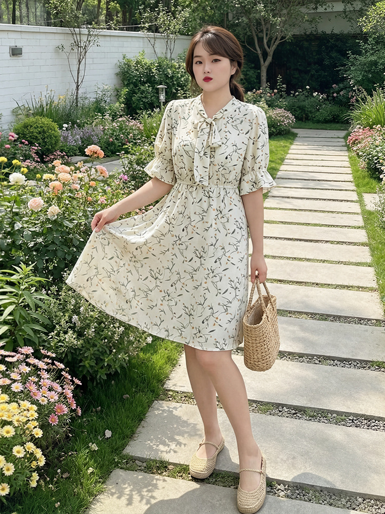65-160kg Plus Size Women's Floral Dress for Spring and Summer, Slightly Chubby mm's Style, Five-Quarter Sleeves, V-Neck, Slimming Bow Tie Long Dress 65-160kg Plus Size Women's Floral Dress for Spring and Summer, Slightly Chubby mm's Style, Five-Quarter Sleeves, V-Neck, Slimming Bow Tie Long Dress