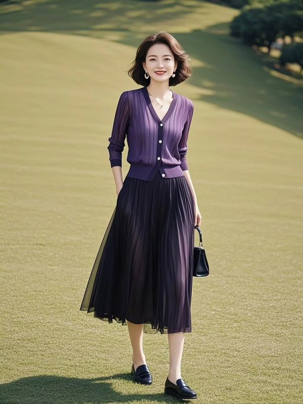 2025早秋季新款通勤休闲独特漂亮小个子紫色上衣半身裙子套装女|undefined