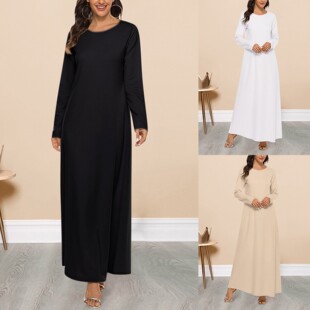 Women's casual solid color Muslim dress robe Islamic long-sleeved dress hollow sequin cardigan loose