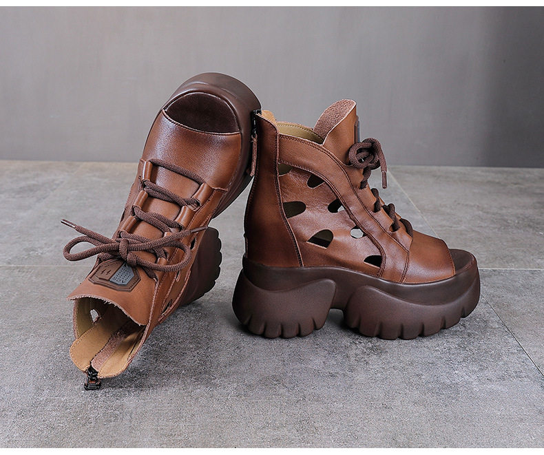 Boot nữ cổ thấp miệng cá đế dày gót 9 cm da thật — Màu đen chi tiết 14