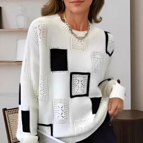 European Color-Block Plaid Knit Sweater Top Autumn New Phoenix Velvet Loose Retro Round Neck Sweater Versatile for Women