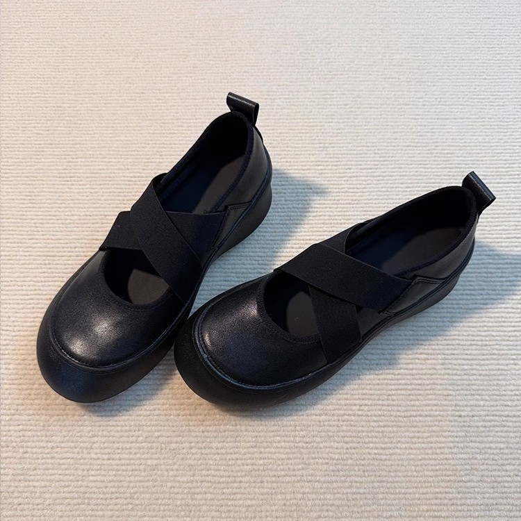 Versión de piel de oveja ~ Zapatos de cuero pequeños Mary Jane con correa cruzada deportiva de suela gruesa, zapatos de ballet de punta redonda, zapatos retro de boca baja para mujer