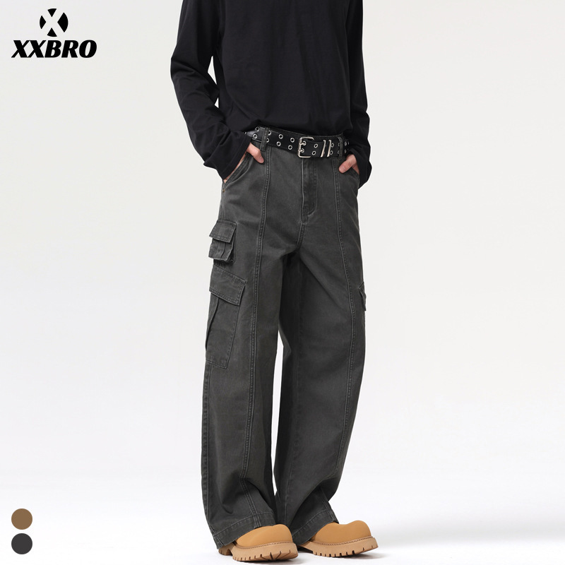 Muxi Clothing # American Retro Multi-Pocket Work Pants for Men and Women, High Street Casual Pants, Loose Wide-Leg Straight Pants.