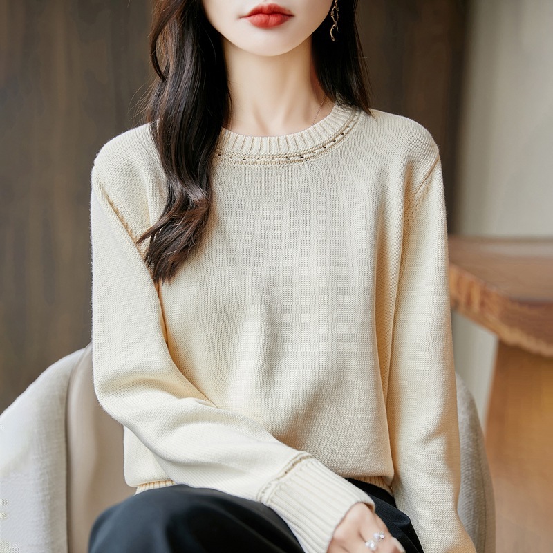 重磅纯棉加厚针织打底衫女法式圆领毛衣2025新款宽松休闲保暖上衣|undefined