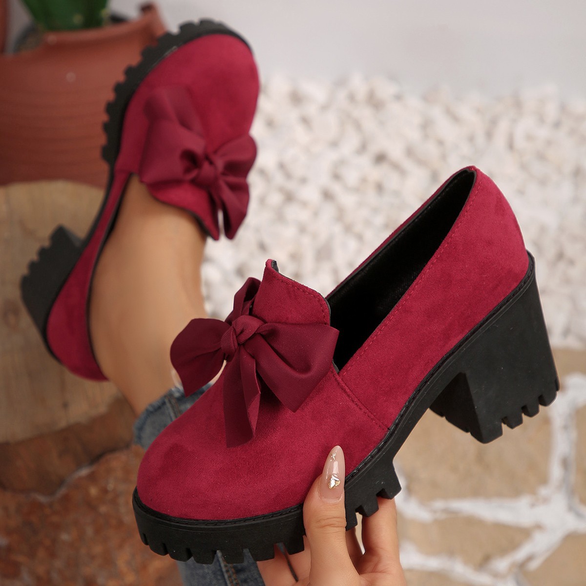Women's plus Size High Heeled Shoes Bow Details Chunky Heel Platform Spring Fashion Footwear_voghion.com