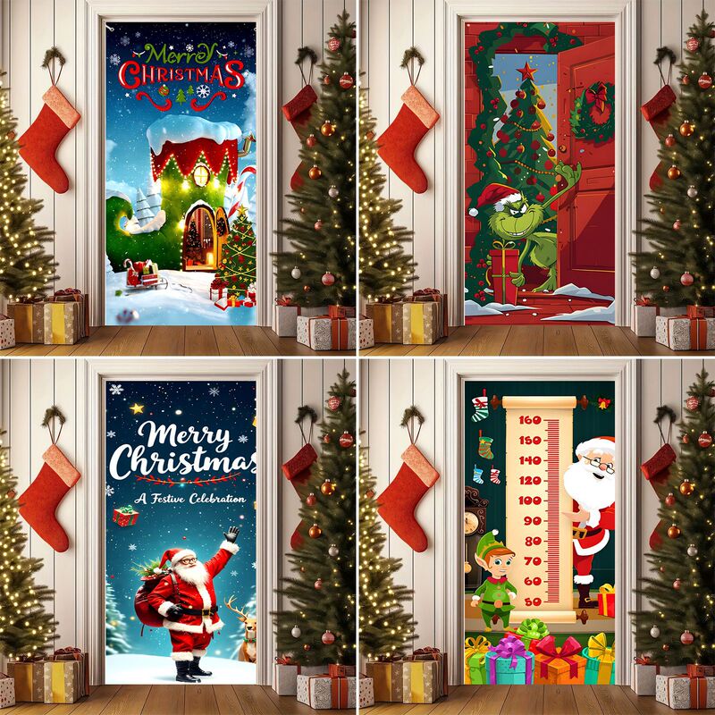 Grinch Christmas Door Cover Cartoon Santa Claus Door Hanging Cloth Outdoor Courtyard Christmas Door Decoration Cover