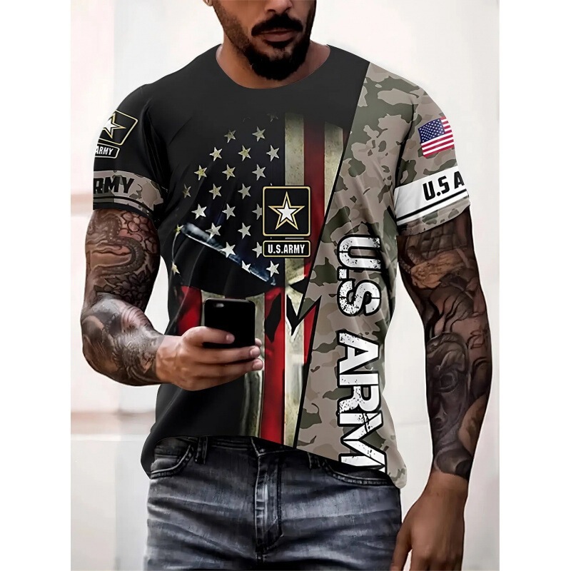 2026 Cross-Border Us Military 3D Digital Print Men's T-Shirt Summer Casual Quick-Dry Perforated Short-Sleeve Sports Top