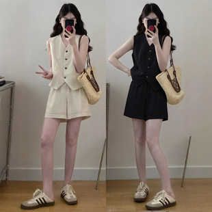 Plus Size Women's Fat mm High-End Elegant Simple Linen Vest + Shorts Two-Piece Set