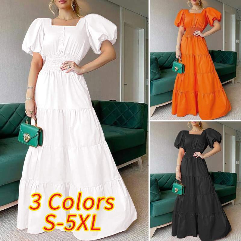 2025 Summer Ladies Dress Summer Sun Dress Square Collar Bubble Sleeve Long Dress dress Casual Beach Dress