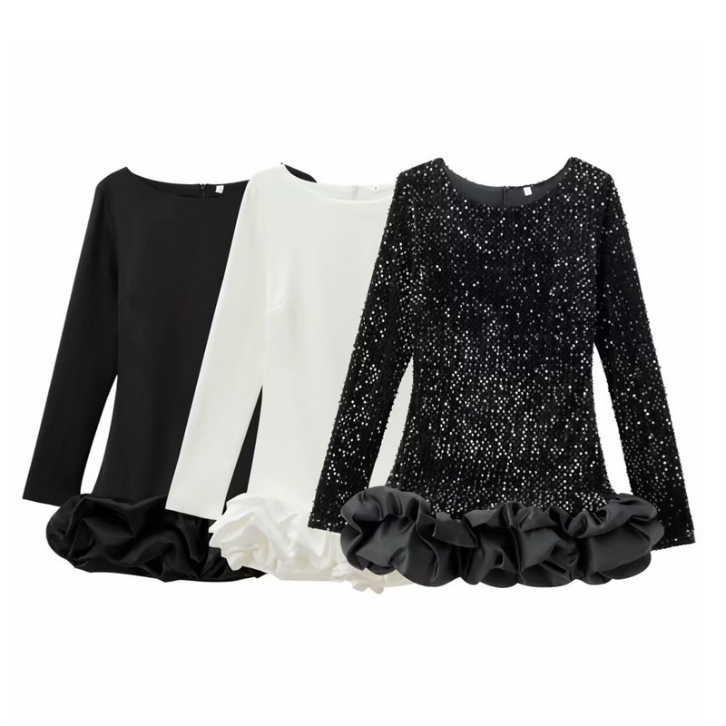 ZA Cross-border Explosions Women's Elegant Sexy French Ballet Style Round Neck Sequins Slim-fit Slimming Long-sleeve dress