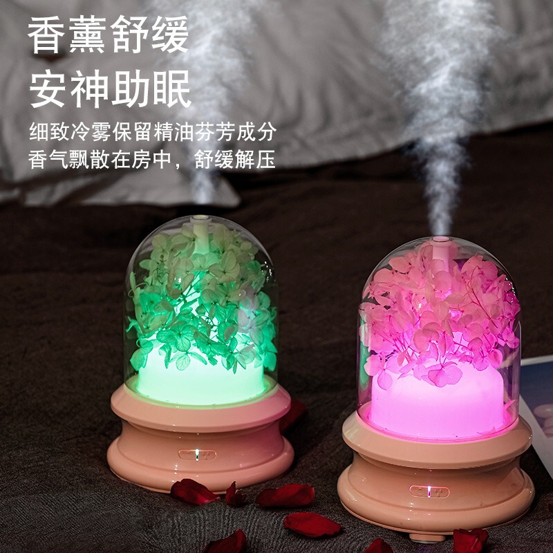 跨境永生花加湿器家用桌面卧室摆件氛围夜灯香氛精油香薰机礼品|undefined