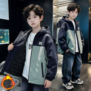 男童外套秋冬款2026新款中大童男孩冬季加厚拼接连帽二棉棉服冬装