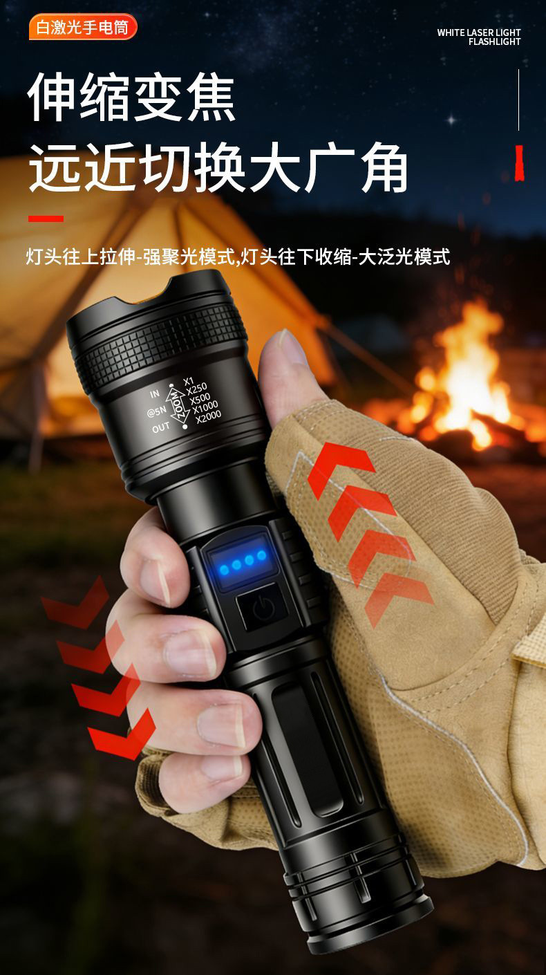 Cross-Border Multi-Functional Strong Light Flashlight with Digital Display, Zoom, Emergency Flashlight, Outdoor Rechargeable Long-Range Portable Flashlight