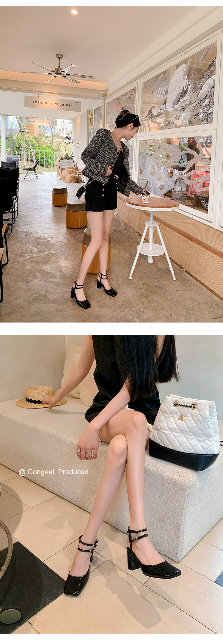 Giày sandal cao gót nữ mũi vuông bít mũi quai ngang gót thô da thật — Màu đen chi tiết 18