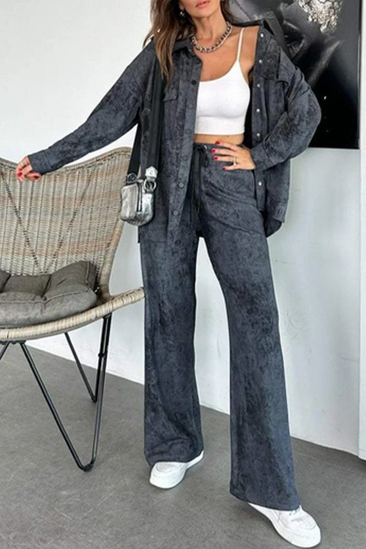 Casual Tie Dye Collared Pocket Shirt Drawstring Wide Leg Pants Set