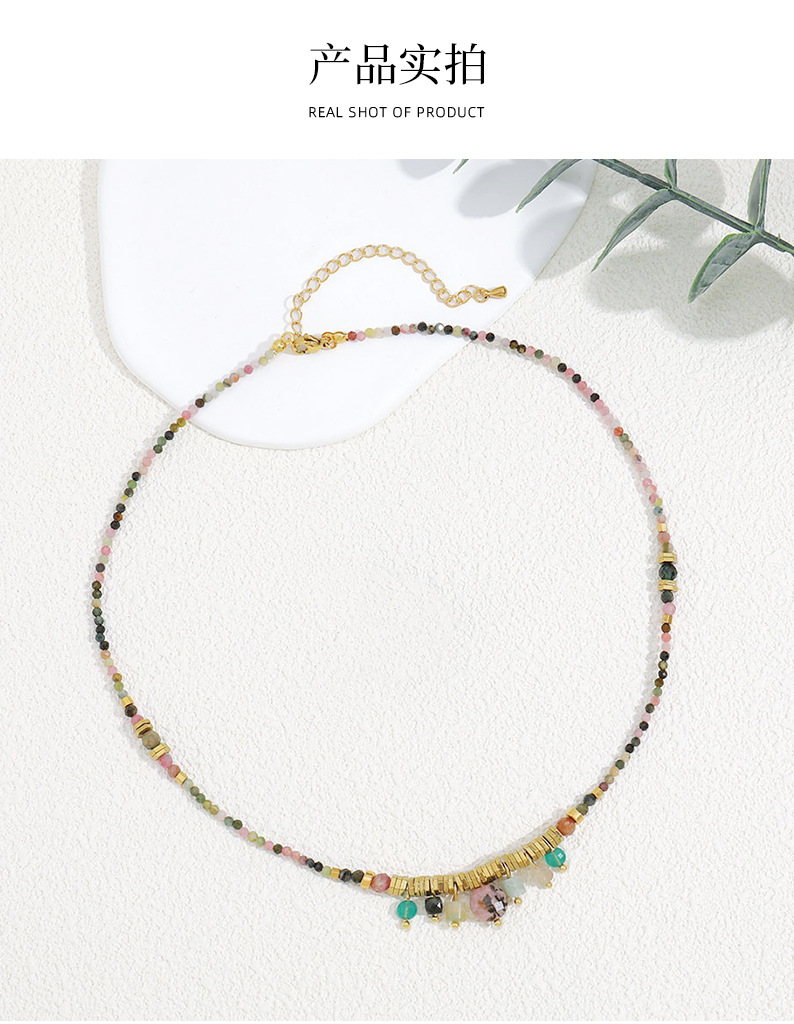 Linglang Boho Style Beaded Necklace Tourmaline Natural Stone Gold-plated Choker Handmade Vintage Jewelry