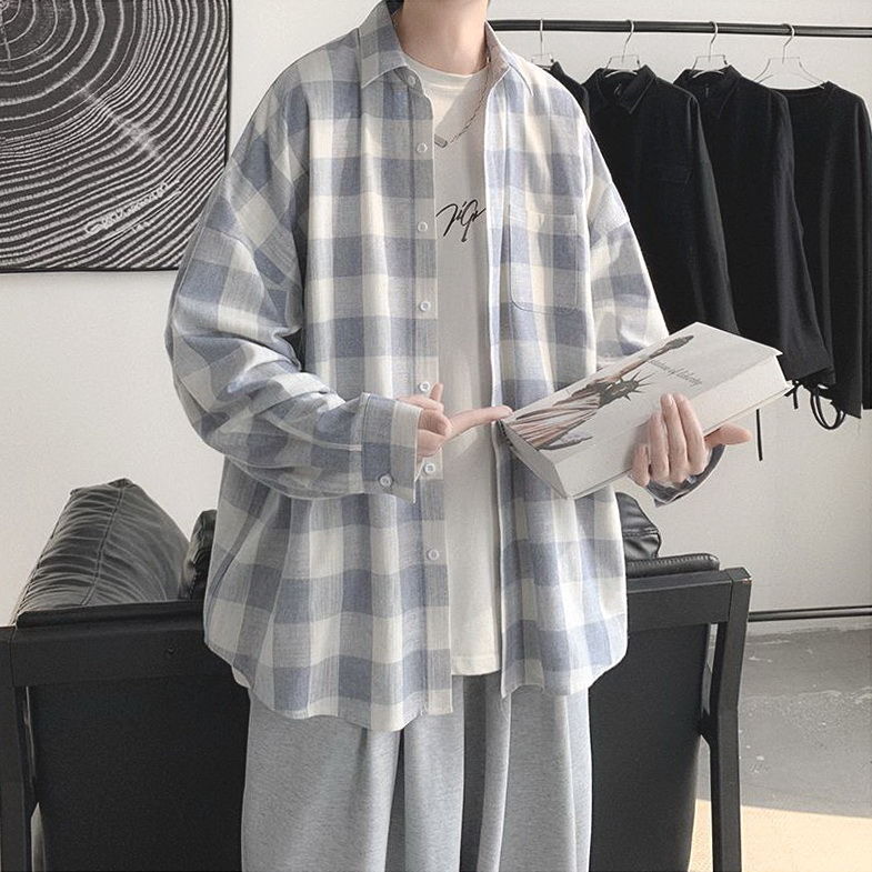 Camisa a cuadros de los hombres ins Hong Kong estilo japonés celebridad en línea Pu Shuai top estilo coreano moda guapo suelta camisa de manga larga hombres