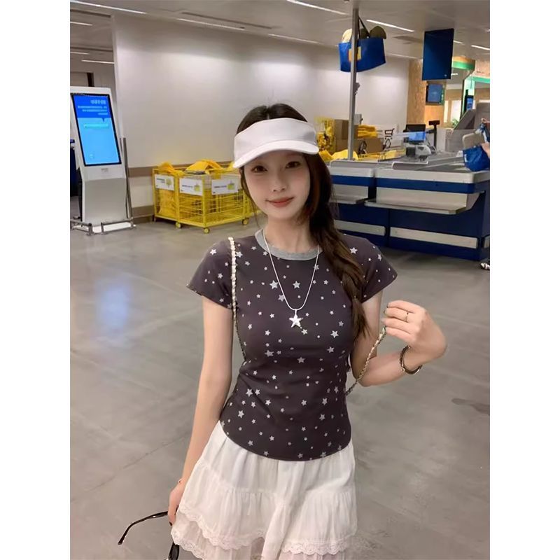 Coreano retro estrellas impresas de color contraste hombro corto camiseta de manga corta mujer verano dopamina delgada blusa corta