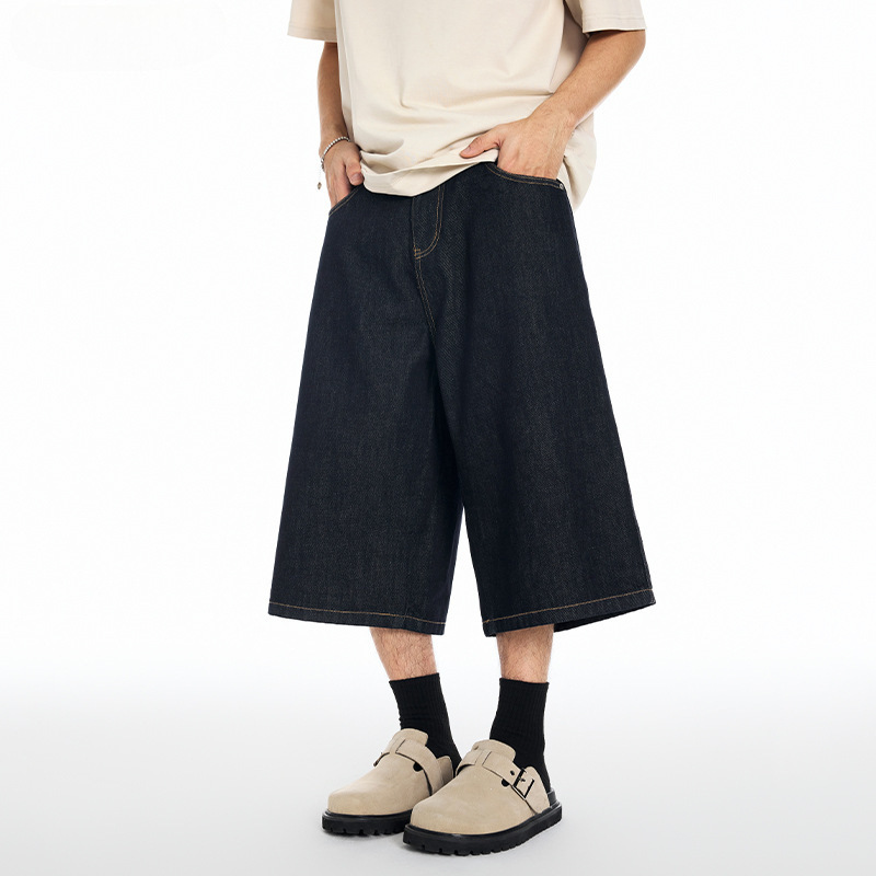 Rhrb Original Color Denim Blue Cropped Jeans Men's 2025 Summer Loose Wide-Leg American Retro Shorts