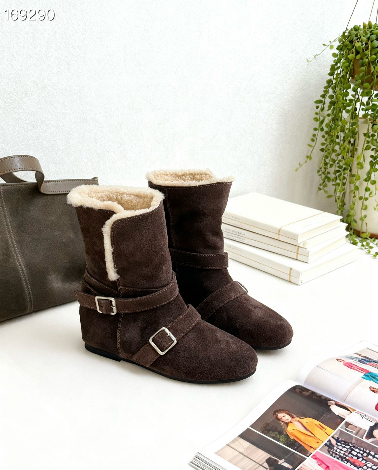 Boot cổ cao da cừu lông nhung nữ 2025 phong cách cổ điển, đế tăng chiều cao, có thể xếp cổ — Màu nâu chi tiết 10