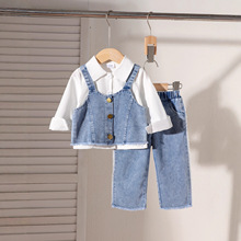 25年欧美外贸爆款女童背带牛仔长裤个性毛边三件套牛仔背心运动套