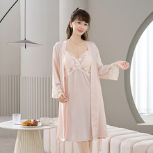 春秋季吊带睡裙睡袍套装薄款冰丝性感美背丝绸睡衣女夏季家居套装