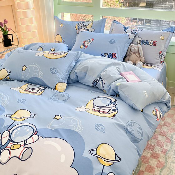 Children's Pure Cotton Bed Four-piece Set Boy Cartoon Astronaut 100 Cotton Fitted Sheets Single Quilt Cover Bedding Three-piece Set 4