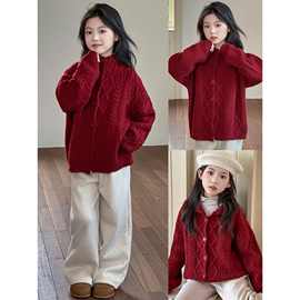 【1007】女童毛衣开衫秋冬季2025新款儿童洋气酒红色针织衫上衣外