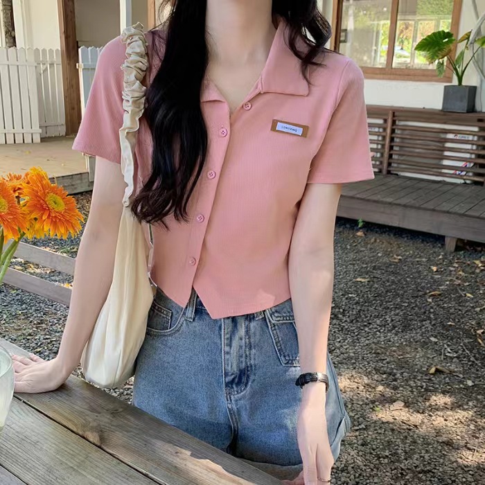 Polo Collar Short-sleeved T-shirt Women's 2024 New Summer Short Slim-fit Base Shirt